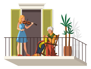 People on balcony. Violinist plays music. Old woman knits. Cozy leisure house facade or terrace, calm leisure and senior person care. Hobby and relaxation. Vector cartoon flat illustration