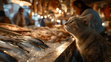 Cat sniffing fresh fish laid out on ice at busy market
