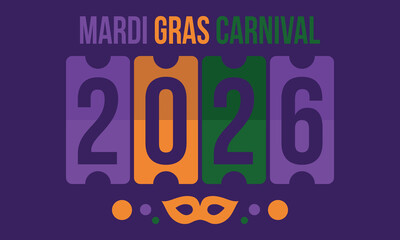 Fototapeta premium Mardi Gras Carnival in New Orleans. Fat Tuesday. Traditional holiday, celebration annual. Folk festival, costume masquerade, fun party. Carnival mask. Poster, card, banner and background. Vector