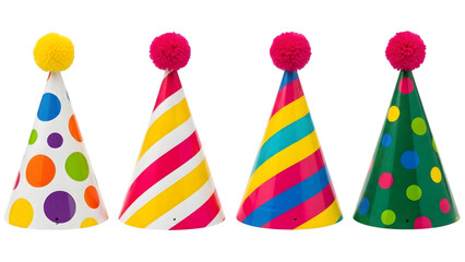 Colorful party hats set isolated on transparent background