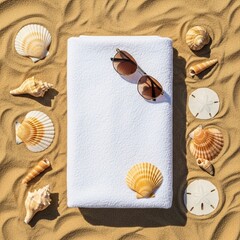 Beach towel and sea shells on sand