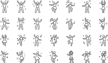 Dance and Celebration Line Icon Set featuring Minimalist Stick Figures Dancing Jumping Having Fun and Partying in Outline Vector Style
