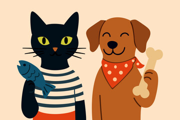 Pet shop advertisement. Black cat holding fish and brown dog holding bone. Vector poster