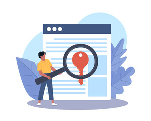 Keyword search. Seo, guy chooses relevant words with magnifying glass, popular tags, web document with key icon, content analysis and optimization in digital content cartoon vector concept