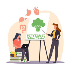 Healthy eating. Prevention of diseases, nutritionist tells woman about benefits of vegetables, vegetarian education, vegan green life, dietary webinar or vector cartoon isolated concept