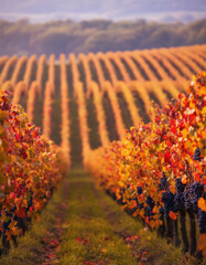 Vibrant vineyard landscape showcasing rows of grapevines in autumn with rich, warm colors