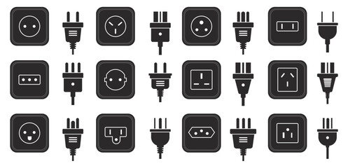 Electric socket types black icons. Different world standards of plugs and sockets, europe, asia or us, international electrical power sources, silhouettes qualitative vector isolated set