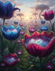 Vibrant Tulip Meadow with Water Droplets Capturing the Sunset's Gentle Radiance Perfectly Displayed
