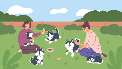 Cute husky characters. Girls take care of puppies, breeders of pedigreed dogs, small fluffy pets in yard of house, woman sitting on grass in park garish vector cartoon isolated concept