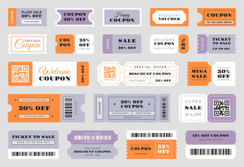 Coupon templates. Discount vouchers designs, sale tickets with barcodes, detachable parts, shopping promotions flyers different sizes, special offer for customers, classy vector templates set