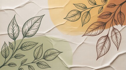 Aesthetic minimalist background with line art leaves and abstract color blocks on textured paper