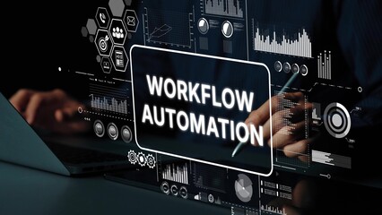 Modern Business Concept of Workflow Automation with Data Visualization and Technology Integration for Efficiency Improvement. Asymptotic smart data analytic. © InfiniteFlow