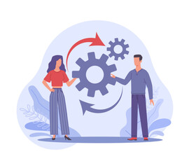 Communication skills. Interaction of people in society, gears and curved arrows, collaboration and integration symbol, mechanism optimization, feedback sign cartoon isolated vector concept