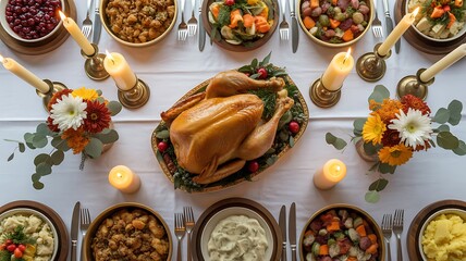 An overhead view of a festive holiday feast featuring a golden roasted turkey and various side dishes