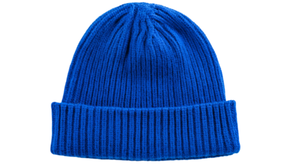 A vibrant royal blue knit beanie hat, viewed from a slightly elevated angle, isolated