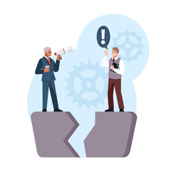 Communication gap. Information exchange, employees cant agree, message error, business conflict and escalation, barrier dialogue, manager man hold megaphone, vector cartoon concept