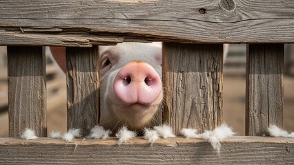close-up of a pink pig's snout peeking through a rustic wooden fence for farm life blogs, agricultural education, children's storytelling, livestock veterinary services, and rural lifestyle social med