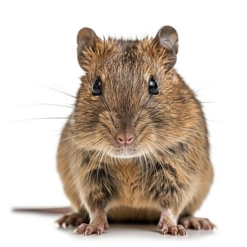 Common degu facing forward, posing on a seamless white background