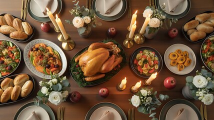 An overhead view of a festive holiday feast featuring a golden roasted turkey and various side dishes