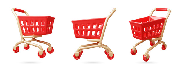 Cartoon 3d shopping carts. Red plastic supermarket handcart in different positions, products and goods transportation, empty bucket for grocery, classy vector isolated render glossy set