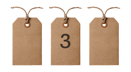 Three brown tags, one with the number 3, hanging against a dark background