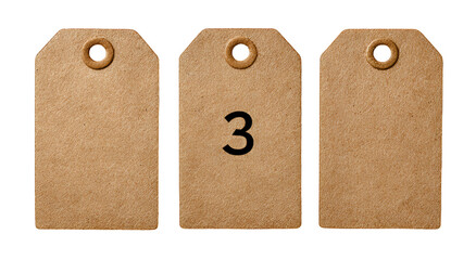 Three identical kraft paper tags; middle one displays the number "3