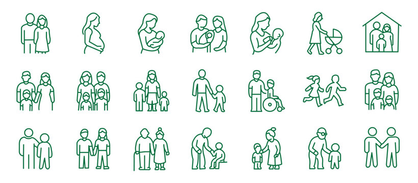 Family and parenting line icon set. Vector pictograms of couples, single parents, children, elderly, baby, newborn, teenager thin linear illustration.