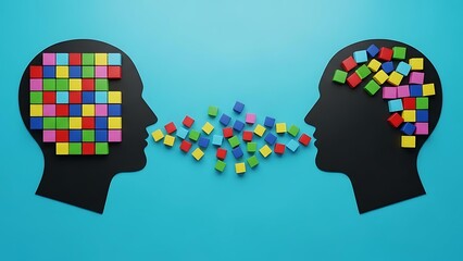 Abstract representation of two heads exchanging colorful blocks symbolizing communication and thought processes