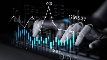 This image showcases an abstract financial analysis featuring digital graphs and data above a keyboard, illustrating investment opportunities and economic trends. Scalp