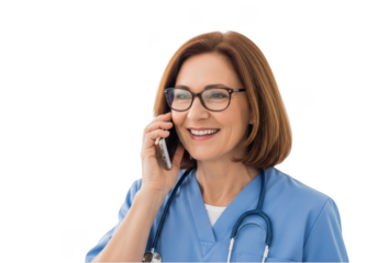 Smiling nurse talking on phone isolated on transparent background