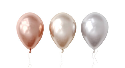 Three metallic balloons, rose gold, pearl, and silver, floating against black