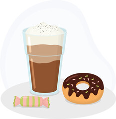 Still life with glass of latte coffee, candy in wrapper and a chocolate‑glazed donut. Composition with drink and treats