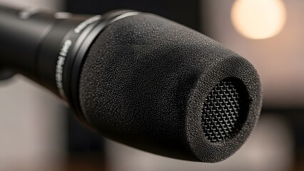 A close-up shot of a microphone with a black foam cover