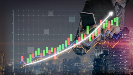 A businessman examines smartphone data against vibrant graphs and a city skyline at night, emphasizing financial analysis and market growth strategies. Copula