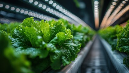 Rows of fresh green leafy vegetables growing indoors under bright artificial lights