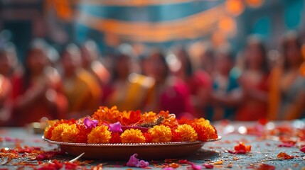 Close-up of floral arrangement, Hindu ceremony, focused on vibrant orange flowers. Blurred background