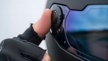 Close-up of a hand with a black glove adjusting the visor on a motorcycle helmet. The helmet features a blue-tinted visor