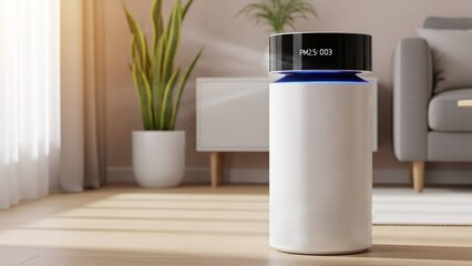 modern white air purifier with digital display in a cozy living room for home appliance blogs, wellness websites, interior design guides, and healthy living product reviews