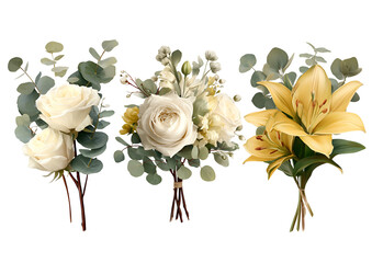Three distinct floral arrangements featuring roses, lilies, and greenery on black