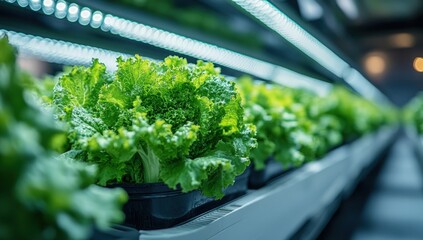 Rows of vibrant green lettuce grow hydroponically under LED lights in a modern indoor farm