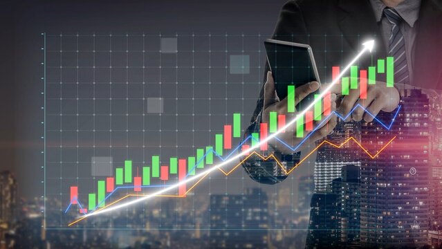 A businessman examines smartphone data against vibrant graphs and a city skyline at night, emphasizing financial analysis and market growth strategies. Copula - Powered by Adobe