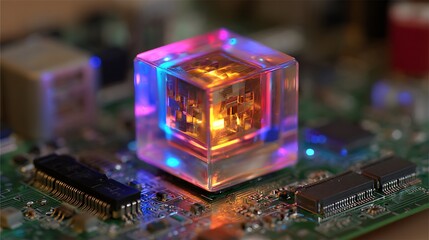Glowing cube on a circuit board, showcasing tech's abstract potential and visual intrigue