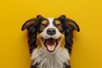 Fototapeta premium Happy australian shepherd dog panting and smiling on a vibrant yellow background