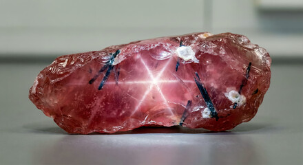 Rose quartz specimen exhibiting optical asterism with a distinct light star effect on a pink surface.