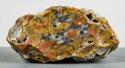 A collectible geological specimen of patterned Moscow flint specimen showing intricate rhythmic banding and concentric silica structures in brown toneson a polished cross-section