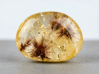 Spherocrystall quartz aggregate containing brown acicular goethite inclusions within a translucent crystalline mass.