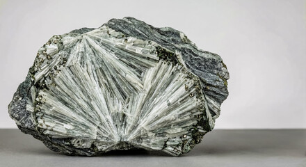 Radiant tremolite grammatite aggregate consisting of elongated needle-like crystals in a gray metamorphic rock.