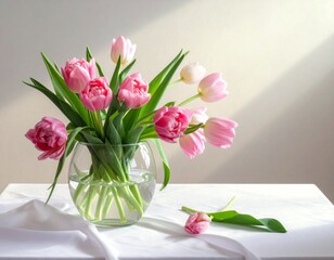 Pink tulips in a vase on a table