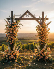 Wooden Wedding Arch Adorned with Blossoms Set Against a Scenic Vineyard at Sunset