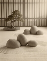 Zen Garden Composition Featuring Bonsai Tree and Serene Rock Arrangement in Sepia Tones